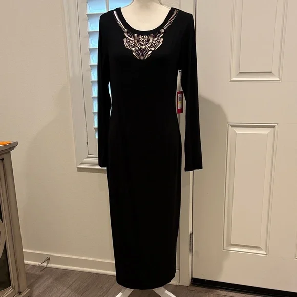 Vince Camuto Black Long Sleeve Maxi Dress Embellished Neckline New Medium - Picture 2 of 8
